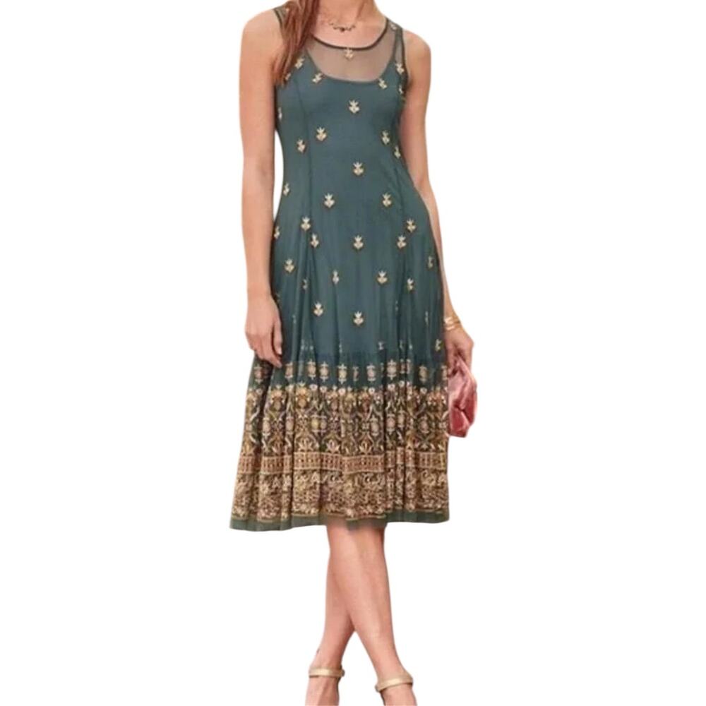 Sundance Jeweled Dreams Dress Midi Tank Slip Embroidered Side Zip Green XS